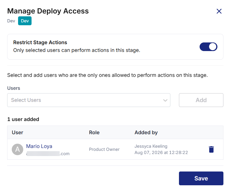 Manage Deploy Access side panel